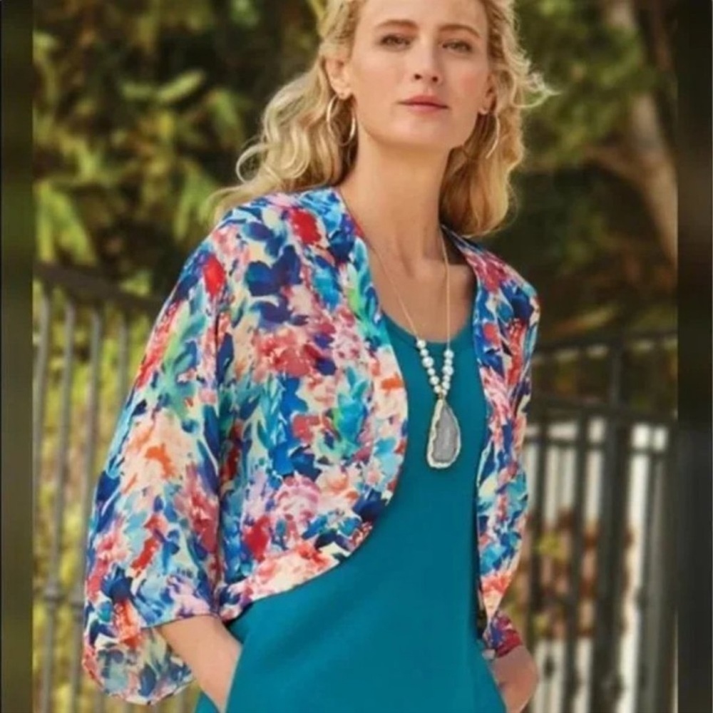 Soft Surroundings Nani Topper Large Blue/Red Multi 2EJ60 Sheer Gauzy Cardigan